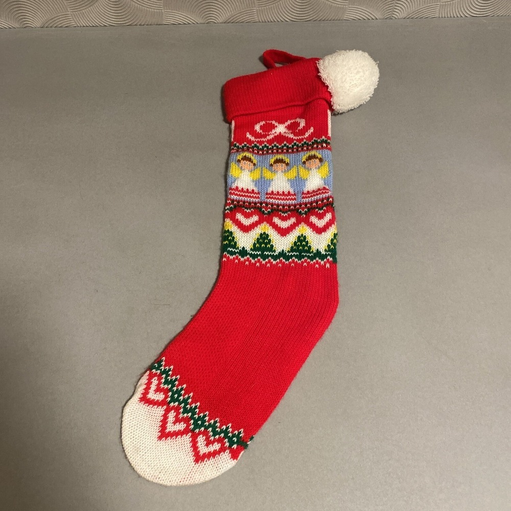 VTG 1983 Hallmark Christmas Stocking Knitted Red White Angel Holiday Print